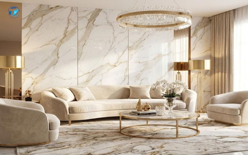 Phòng khách Luxury với vật liệu cao cấp và hệ thống ánh sáng tinh tế.
